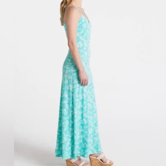 Full Length Sleeveless Spaghetti Strap A-Line Turquoise Floral Dress. Sm… - Picture 3 of 9